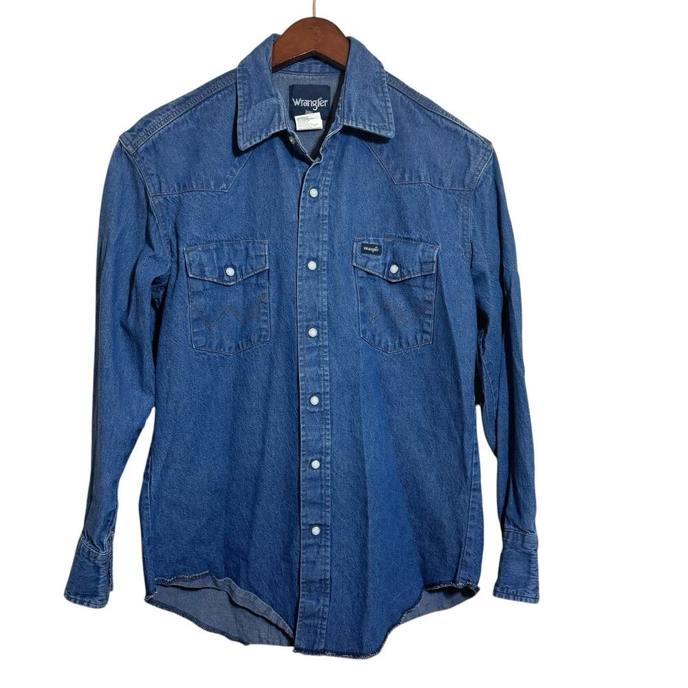 Vintage Mens Western Shirt Medium Wrangler Denim Soft Fade Cowboy Pearl Snap